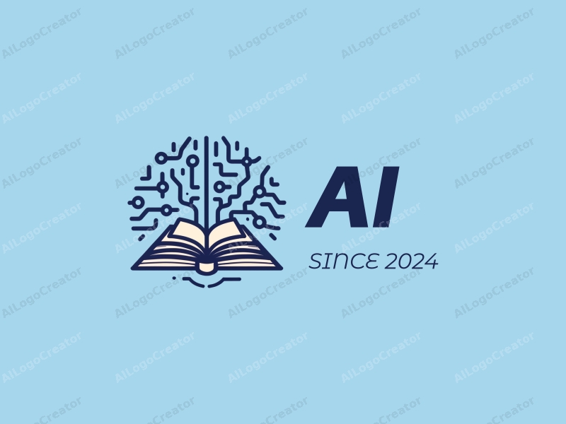 a modern design featuring elements of intelligence and algorithms intertwined with books and circuit patterns, combined with a clean blue background.