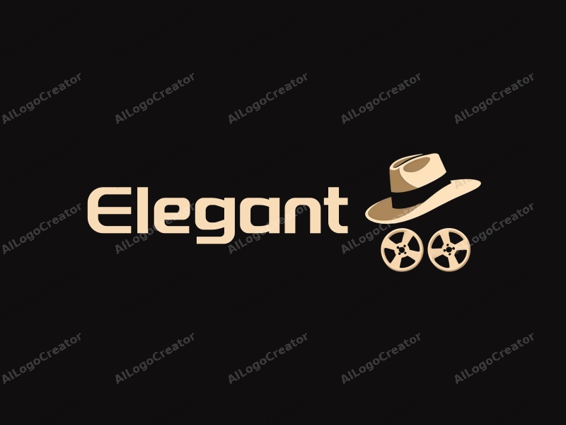 modern design features a stylish hat and film reel, combined with elegant and refined shapes, set against a clean black background.