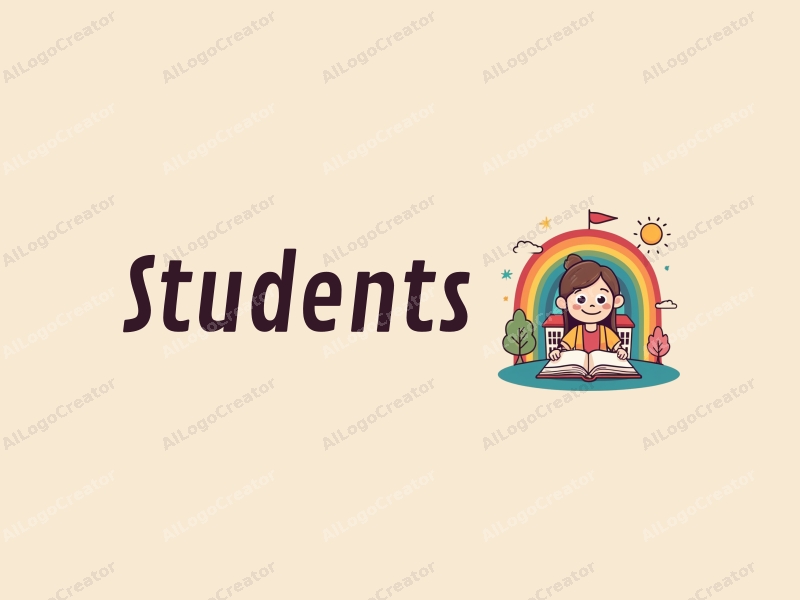 playful design features a cheerful student character, a stylized school building, an open book, and a vibrant rainbow, combined with a clean background.