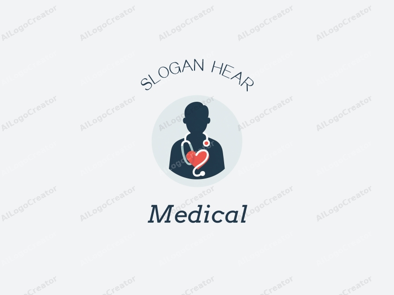 modern design features a stylized hospital silhouette, a doctor figure, a stethoscope intertwined with a heart, combined with a clean background.