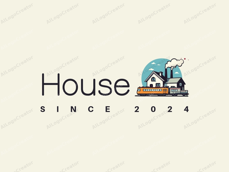 modern design features a stylized house and building, integrated with a train and factory, using a clean background and a harmonious composition.