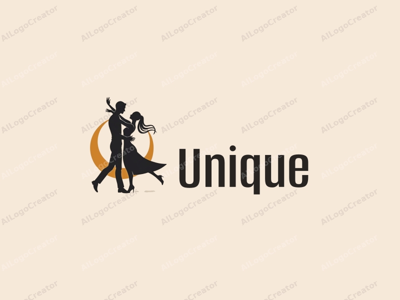 a modern design featuring an elegant dance couple gracefully spinning together, with a clean and innovative approach, set against a minimalist background.