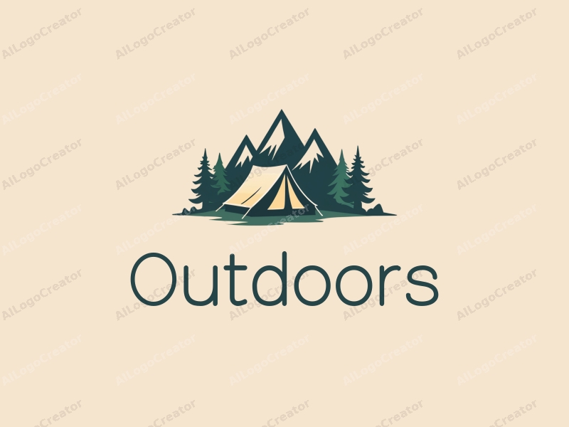 modern design features a stylized camping tent and mountain peak, combined with a clean background and a harmonious composition.