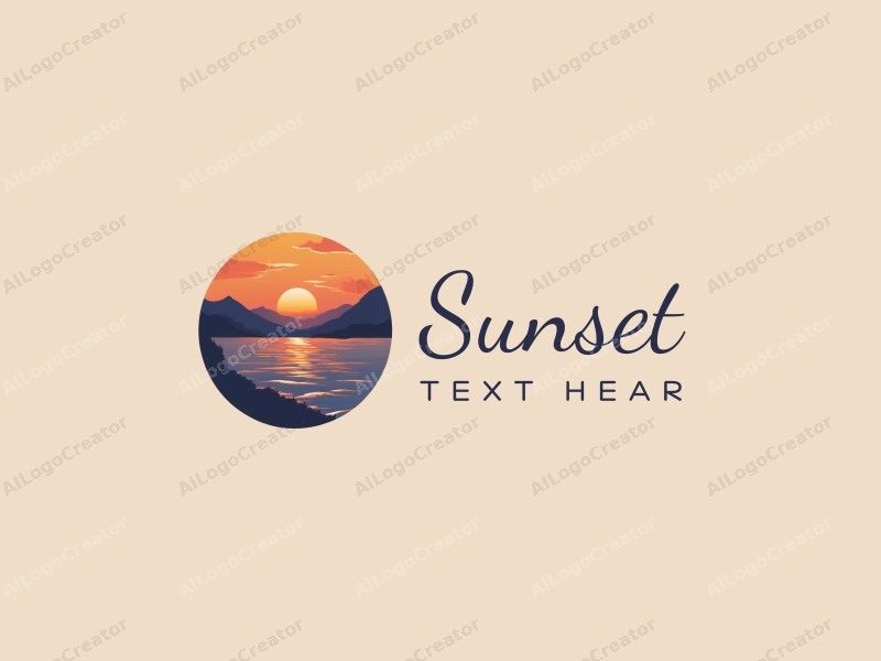 vintage design features a stylized sunset over the ocean with mountains in the background, incorporating warm orange and purple hues, combined with a clean and harmonious layout.