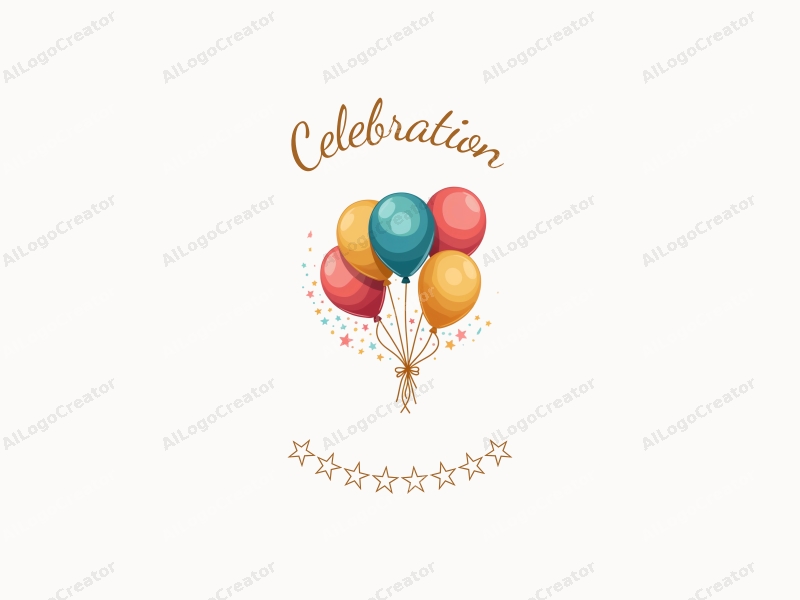 playful design features colorful balloons and streamers, a festive atmosphere with gold accents, combined with a clean background.