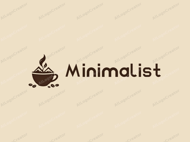 minimalist design features a stylized coffee cup with mountains in the background, coffee beans scattered around, and a simple coffee tree silhouette, combined with clean lines and a harmonious layout.