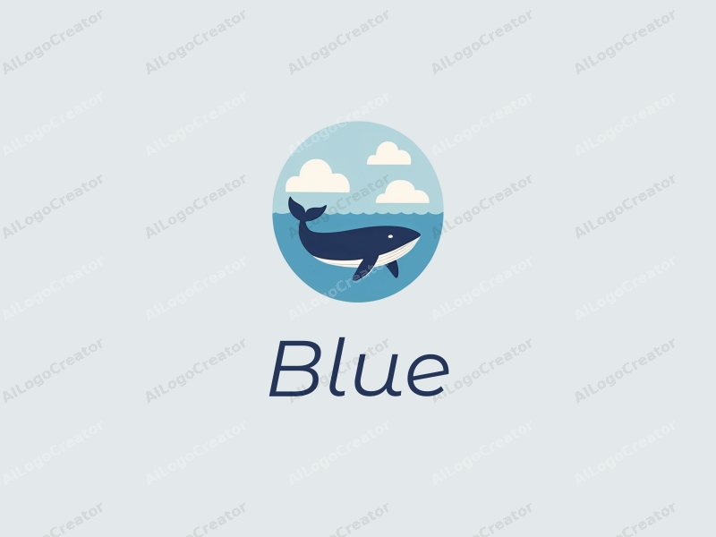 minimalist design features a stylized whale swimming through a clean blue ocean, with soft clouds floating in a clear sky, creating a harmonious and simple composition.