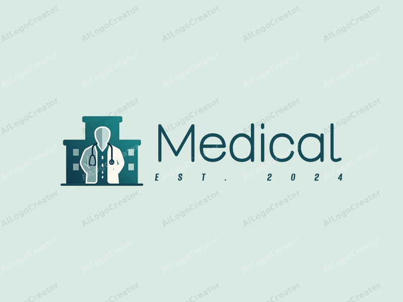 modern design features a stylized hospital silhouette, a doctor figure, a stethoscope intertwined with a heartbeat line, combined with a clean background.