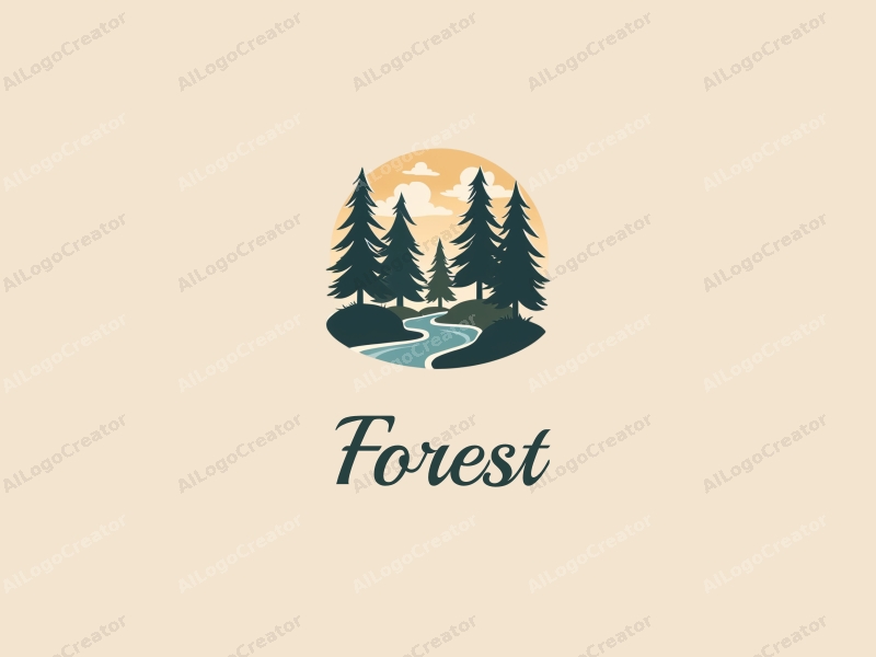 vintage design features stylized trees and leaves, a small stream flowing through a forest, combined with a clean background.