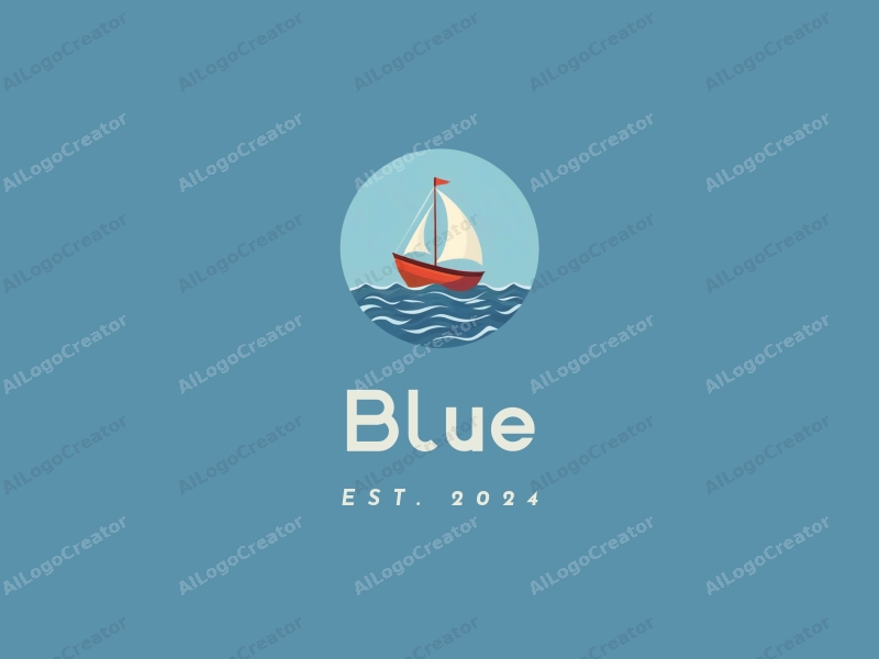 minimalist design features a stylized boat sailing on gentle waves under a clear blue sky, emphasizing simplicity and harmony in the composition.