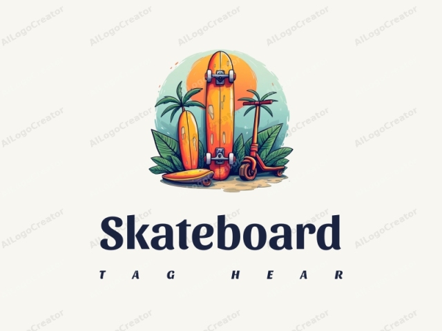 Freundliches Design mit lebhaften Skateboards, stilisierten Roller und Surfbrettern, kombiniert mit einem sauberen Hintergrund und einer lustigen, energetischen Komposition.