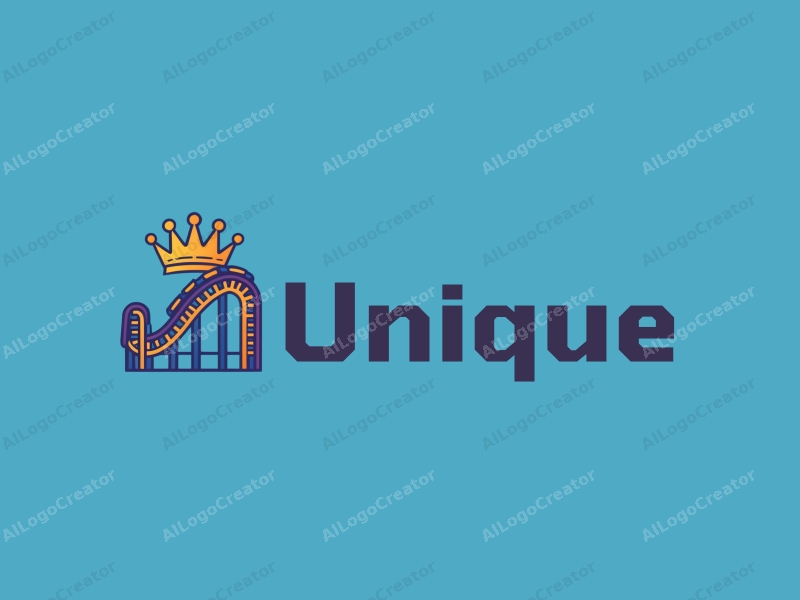 a modern design featuring a stylized crown and roller coaster, incorporating unique and innovative elements with a clean blue background.