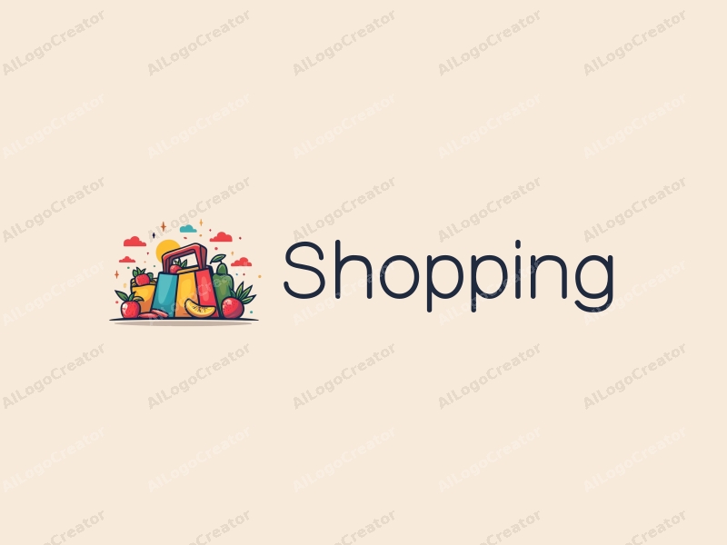 a modern design featuring colorful shopping elements, a stylized mall silhouette, and vibrant fruits and snacks, combined with a clean background.