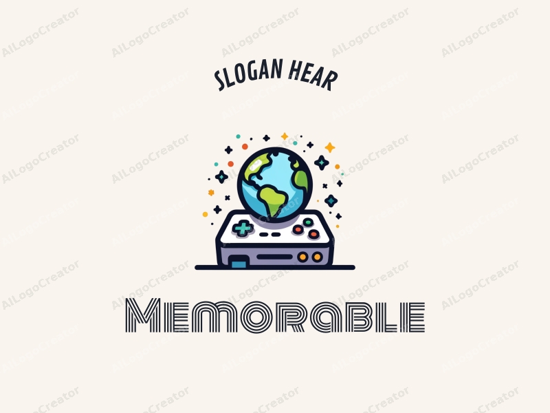 playful design features a stylized game console and a globe, incorporating elements of memories and iconic symbols, combined with a clean background.