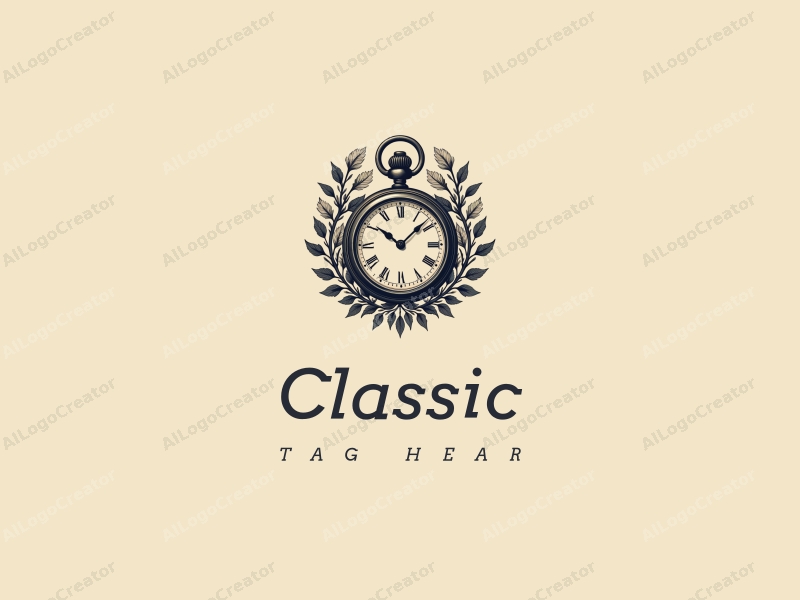 vintage design features a classic pocket watch intertwined with elegant floral elements, using dark and neutral colors, combined with a clean background.