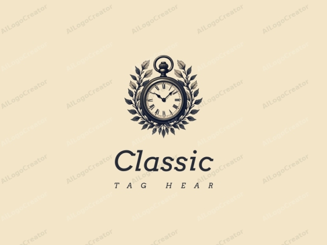 Vintage-Design mit einer klassischen Taschenuhr, die mit eleganten floralen Elementen verflochten ist, unter Verwendung von dunklen und neutralen Farben, kombiniert mit einem sauberen Hintergrund.