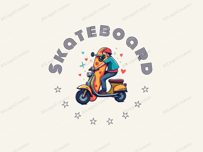 playful design features a vibrant skateboard and scooter intertwined, using a colorful palette with dynamic shapes and clean lines, creating a fun and energetic atmosphere.