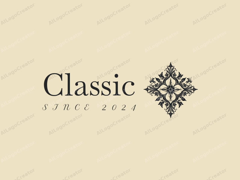 vintage design features elegant floral patterns intertwined with geometric shapes, using dark and neutral colors, combined with a clean background.