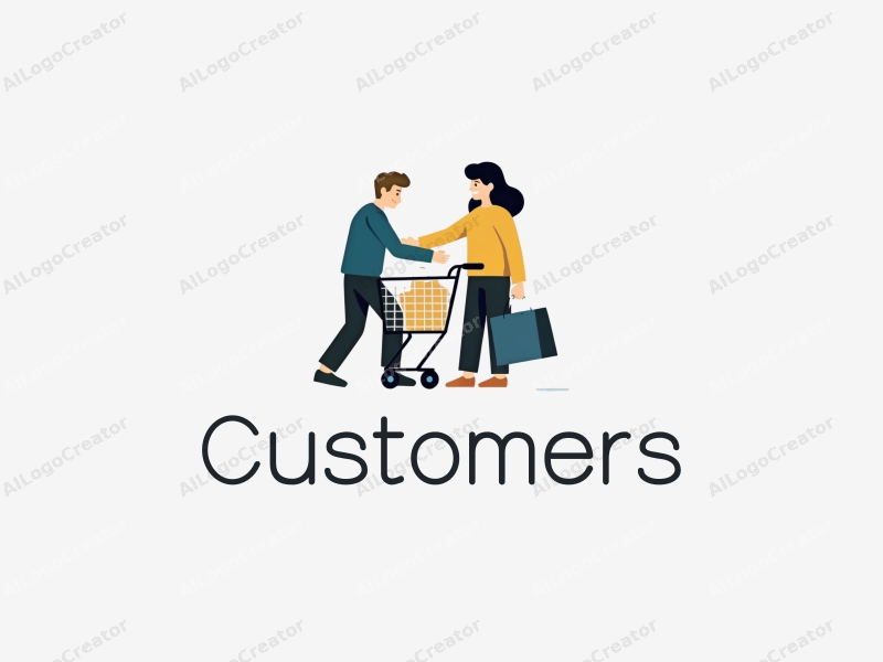 a modern design featuring a stylized customer and shopper interacting with a shopping cart and shopping bag, combined with a clean background.