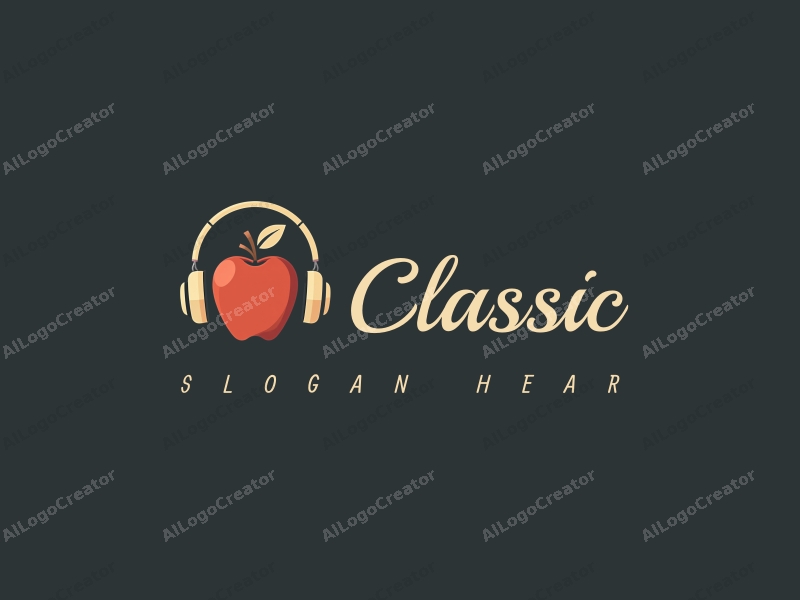 vintage design features classic apple and headphones, incorporating traditional elements with a harmonious composition, set against a clean, dark background.