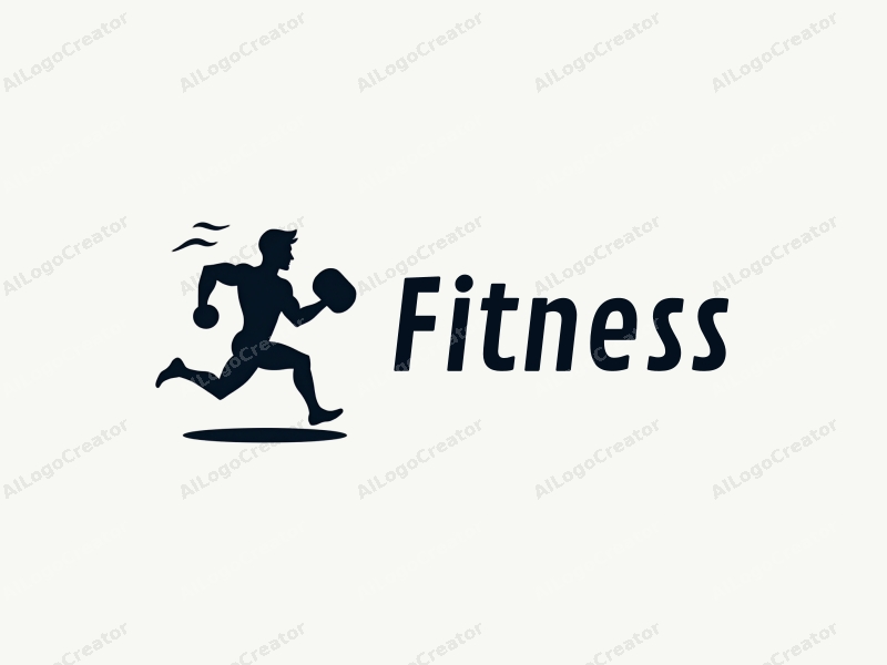 modern design features a stylized dumbbell and a dynamic runner silhouette, combined with a clean background and a focus on fitness and movement.