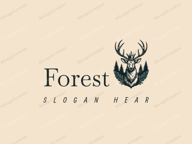 vintage design features a stylized deer with a crown, surrounded by trees and forest elements, combined with a clean background.