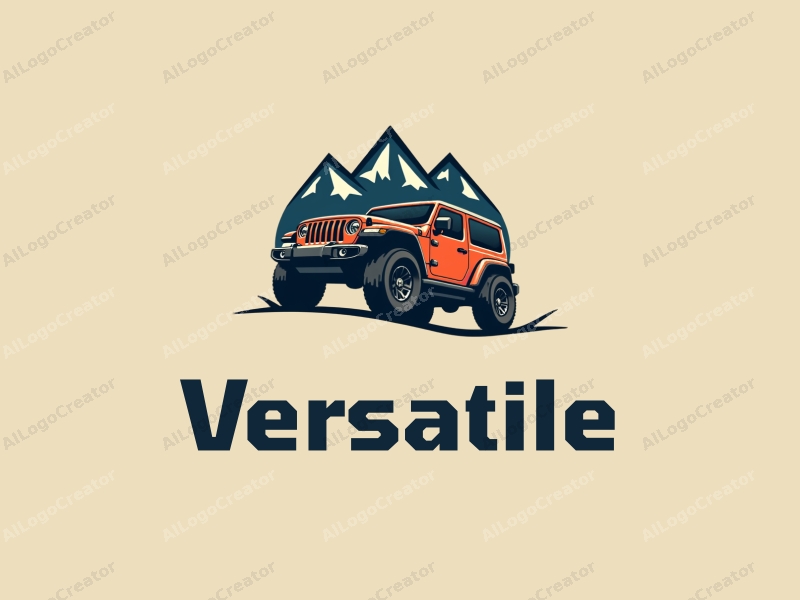 modern design features a stylized off-road vehicle navigating through abstract mountains, incorporating a multifunctional and adaptable theme with a clean background.