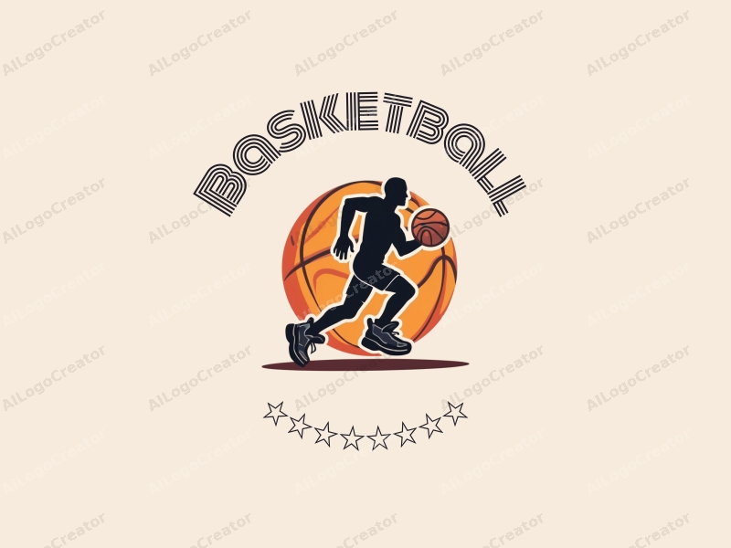 playful design features a stylized basketball, an athlete in motion, and a pair of basketball shoes, combined with a clean background.