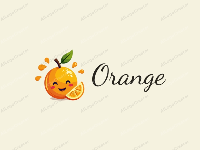 playful design features a vibrant orange, a stylized juice splash, and a cheerful smiling face, combined with a clean background.