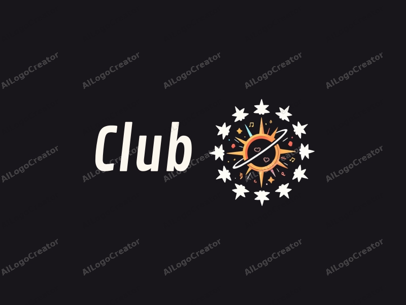 a modern design featuring a stylized club scene with social elements, stars, and music notes, combined with a clean black background.