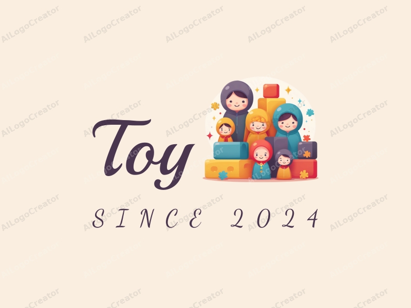 playful design features colorful dolls, stylized puzzles, and building blocks combined with a clean background.