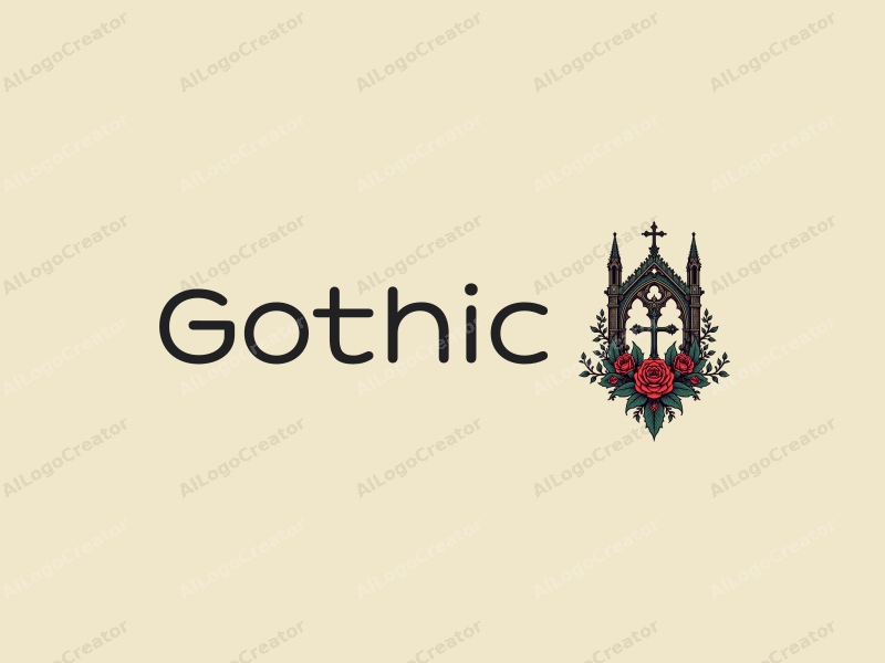 Gothic design features intricate Gothic architecture, stylized Gothic fashion elements, a cross, and a rose flower, combined with a clean background.