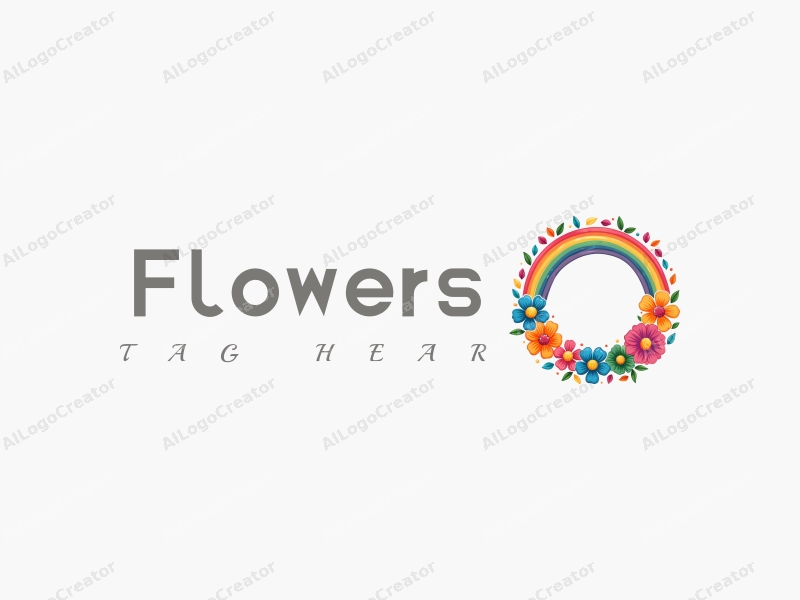 playful design features vibrant flowers and petals arranged in a circular wreath, complemented by a colorful rainbow, combined with a clean background.