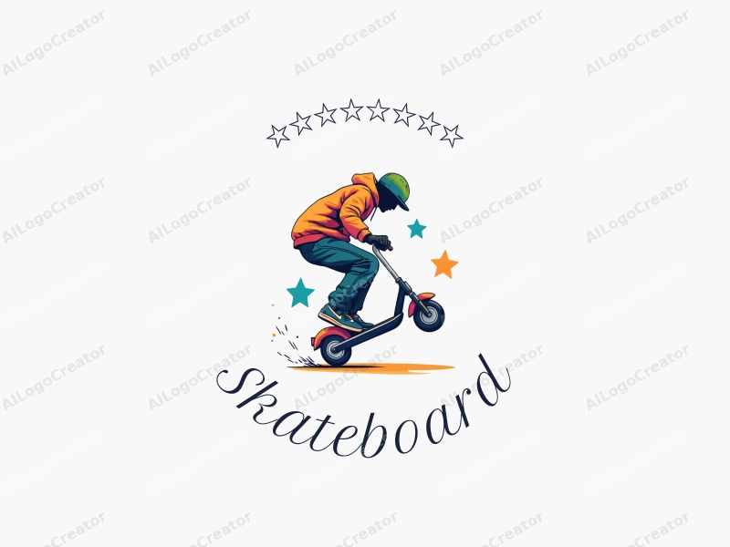 playful design features a vibrant skateboard and scooter in mid-jump, with dynamic lines and a clean background, emphasizing movement and energy.