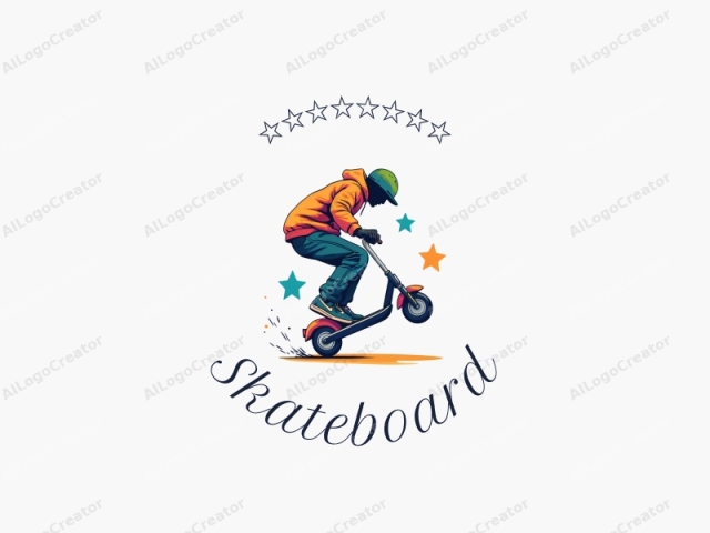 fröhliches Design mit einem strahlenden Skateboard und Scooter in der Mitte eines Sprungs, dynamischen Linien und einem sauberen Hintergrund, betont Bewegung und Energie.