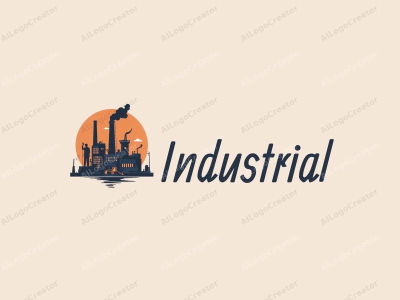 modern design features a stylized factory silhouette, abstract machinery elements, a symbolic statue, and tools, combined with a clean background.