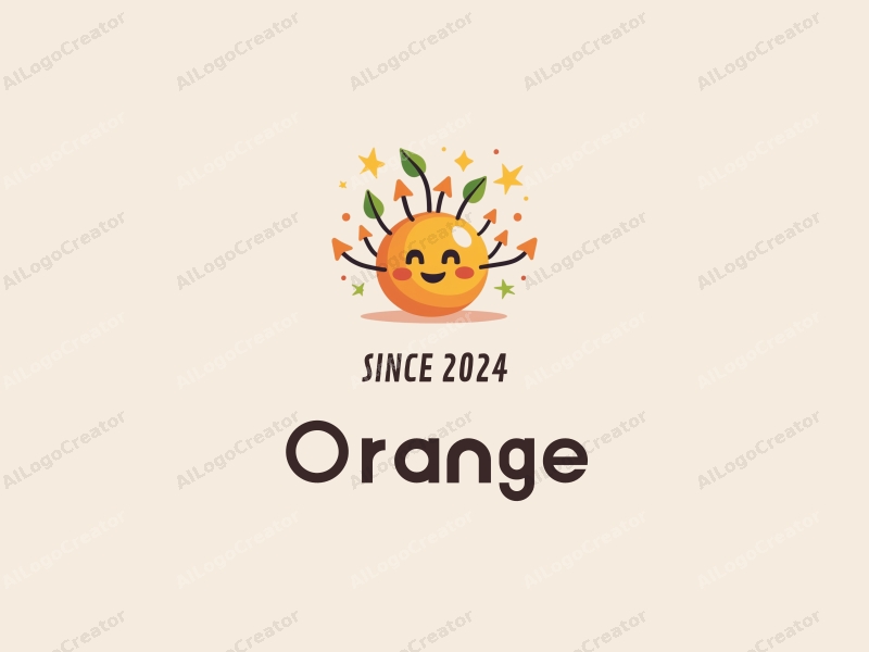 playful design features a stylized orange and juice splash, arrows pointing upwards, and a cheerful smiley face, combined with a clean background.