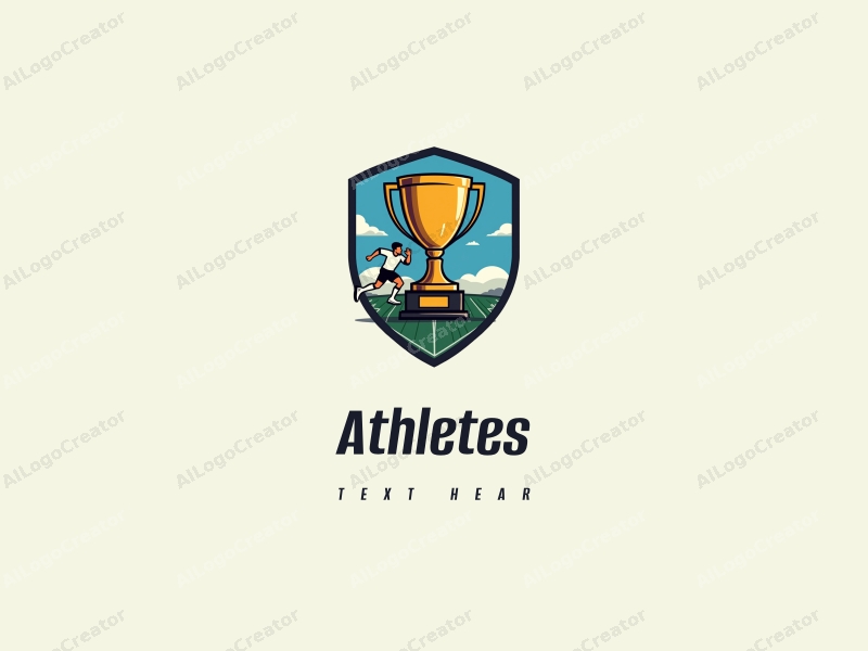 modern design features a dynamic athlete in motion, a stylized trophy, and a sports field background combined with a clean and simple layout.