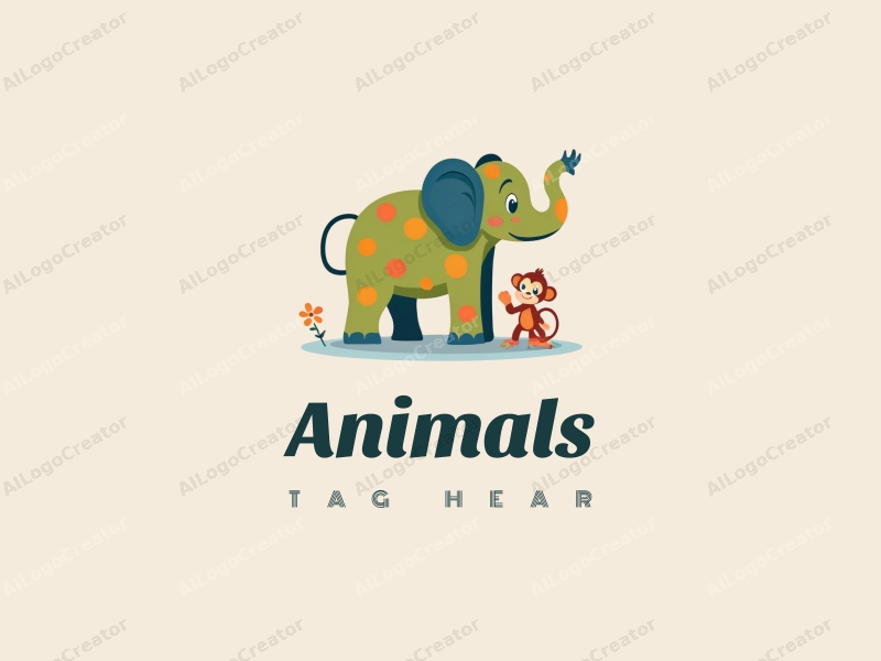 playful design features a colorful elephant and monkey, with a whimsical and fun approach combined with a clean background.