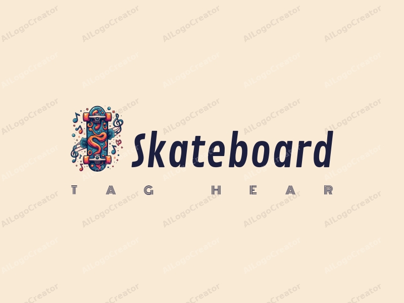 playful design features a vibrant skateboard intertwined with musical notes, creating a dynamic and energetic composition against a clean background.