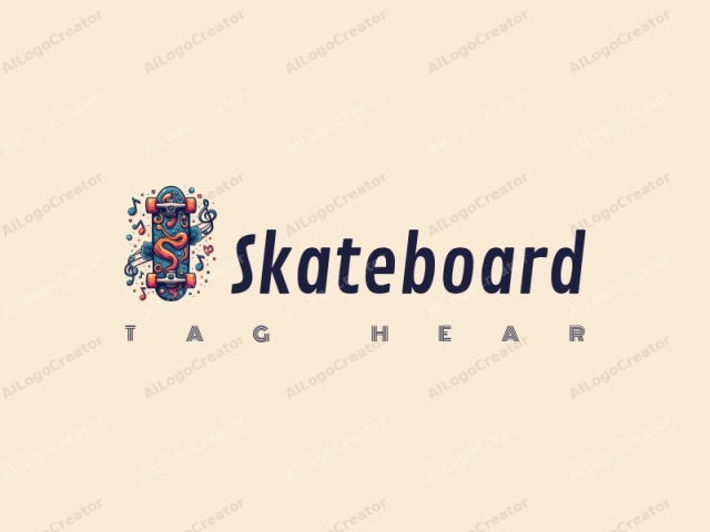 Spaßiges Design mit einem lebhaften Skateboard, das mit musikalischen Noten verwoben ist, schafft eine dynamische und energiegeladene Komposition auf einem sauberen Hintergrund.