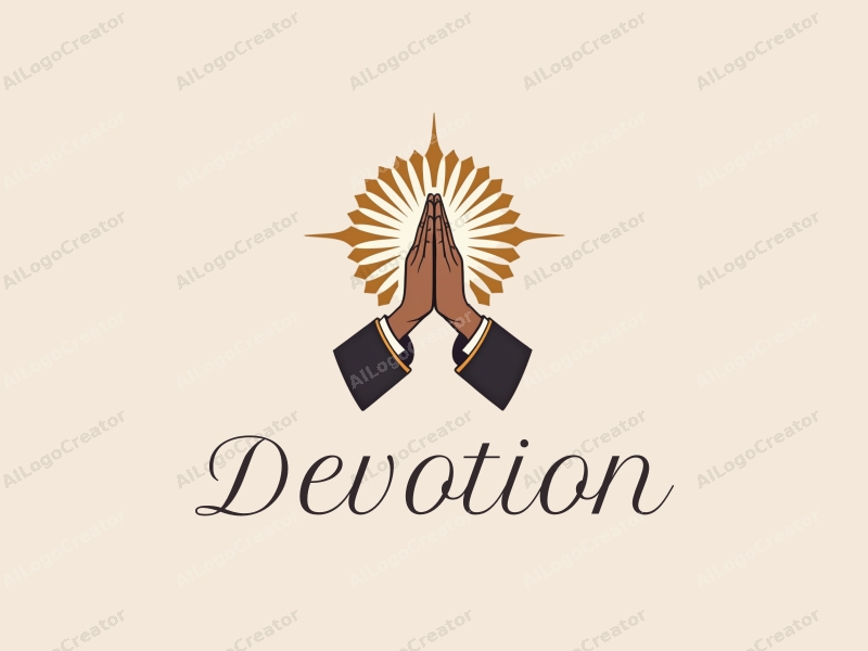 vintage design features a stylized halo above a pair of hands in a prayer position, combined with golden accents and a clean background.