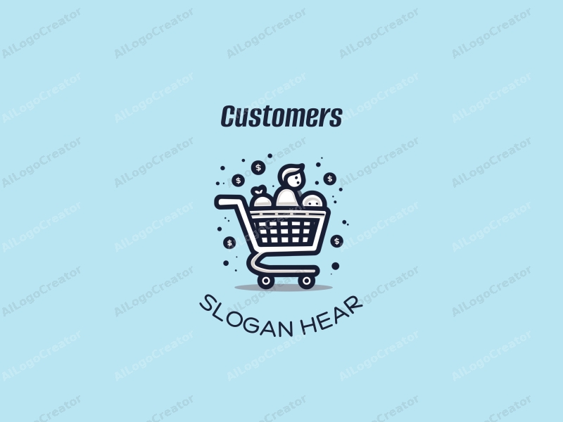 modern design features a stylized shopping cart and cash elements, combined with abstract representations of customers and shoppers, set against a clean blue background.