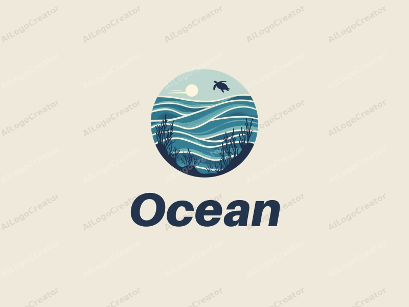 modern design features stylized waves, marine life including coral and a sea turtle, combined with a clean background.