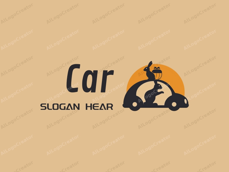 a modern design featuring a stylized car silhouette intertwined with a rabbit and a chestnut, using a clean and simple composition with a harmonious layout.