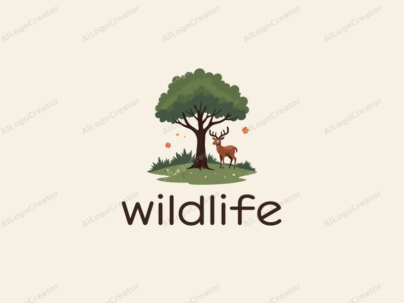 playful design features a large tree and a fawn in a natural landscape, incorporating elements of wildlife and nature, combined with a clean background.