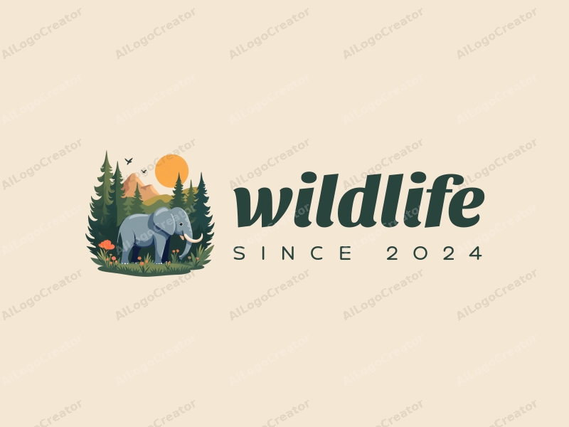 playful design features a stylized elephant amidst a lush forest, incorporating elements of wildlife and nature landscapes, with a clean background and harmonious composition.