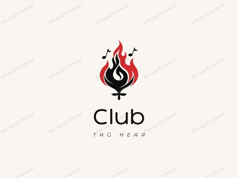 a modern design featuring a stylized club silhouette intertwined with flames and musical notes, using a black and red color scheme, combined with a clean background.