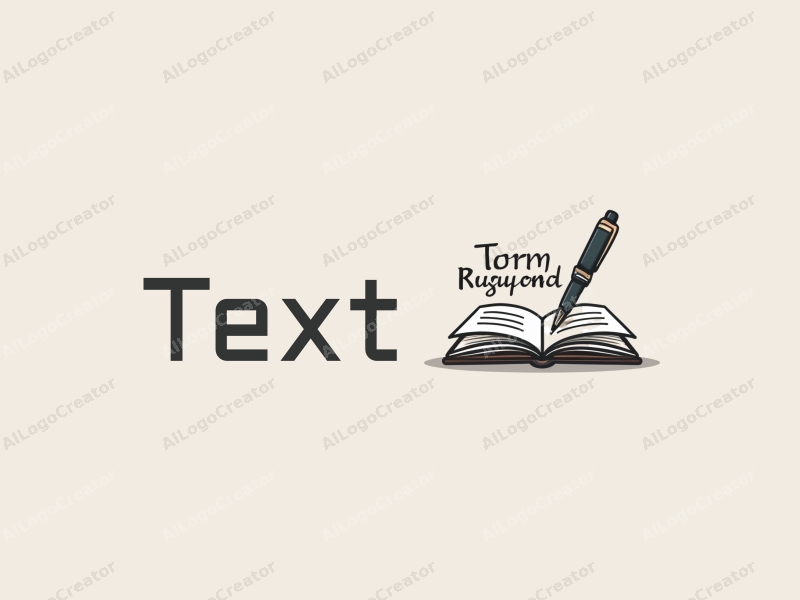 modern design features stylized text and font, an abstract book and pen, combined with a clean background.