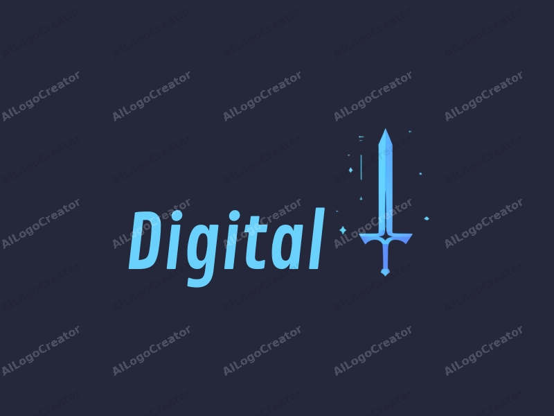 a modern minimalist design featuring digital elements, a stylized sword, and square shapes combined with a clean background in blue and black colors.